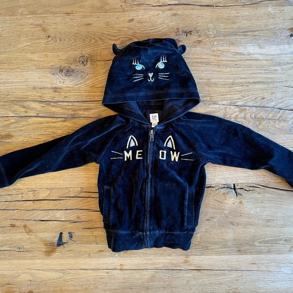 GAP Size XS (4-5 girls). Black velour "Meow" hooded cat zip-up sweater - Picture 2 of 5